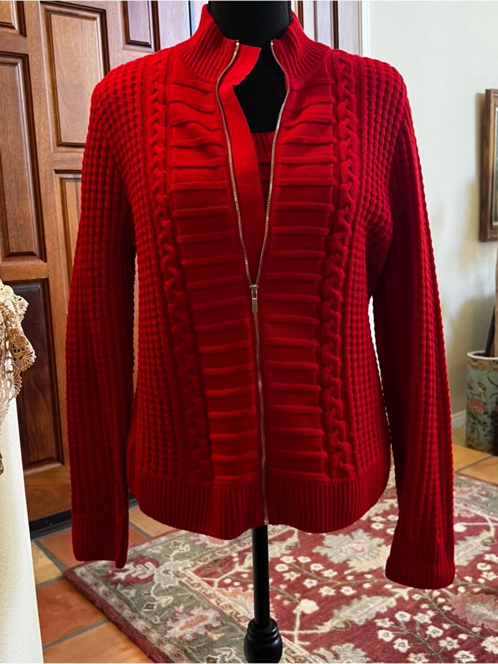 St. John Vibrant Red Zip-Front Cable Knit Cardigan
